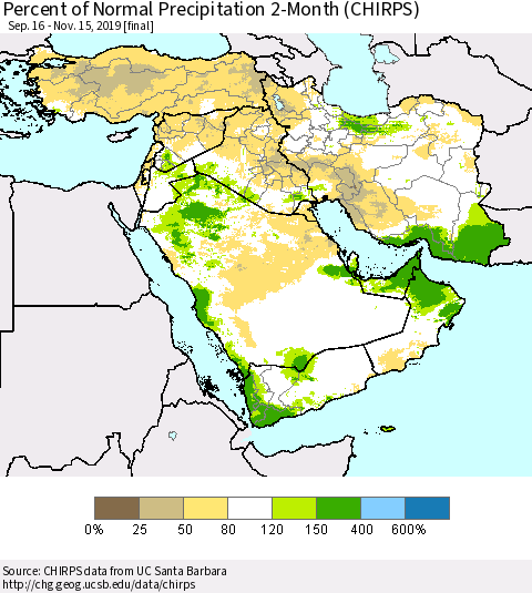 Middle East and Turkey Percent of Normal Precipitation 2-Month (CHIRPS) Thematic Map For 9/16/2019 - 11/15/2019