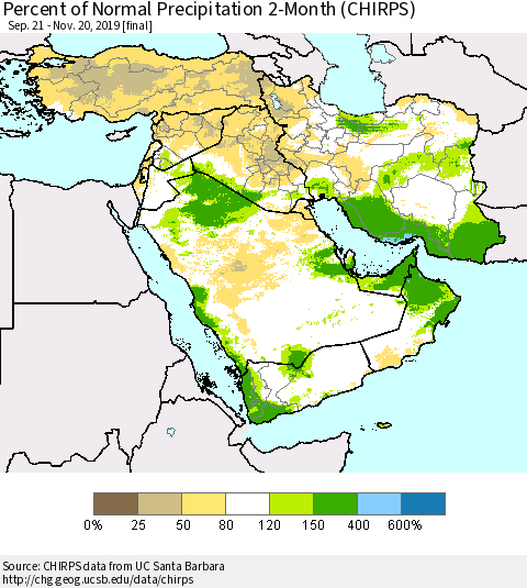 Middle East and Turkey Percent of Normal Precipitation 2-Month (CHIRPS) Thematic Map For 9/21/2019 - 11/20/2019