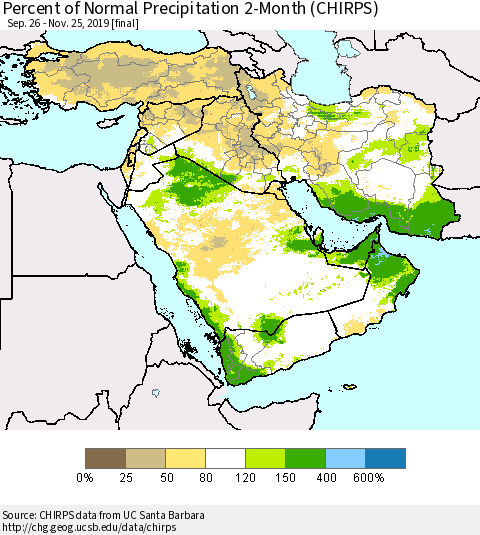Middle East and Turkey Percent of Normal Precipitation 2-Month (CHIRPS) Thematic Map For 9/26/2019 - 11/25/2019