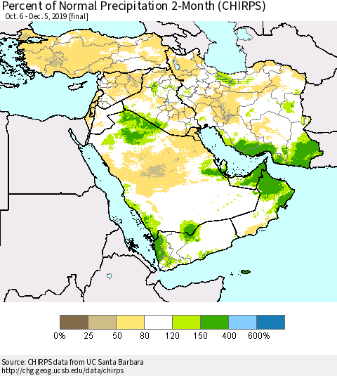 Middle East and Turkey Percent of Normal Precipitation 2-Month (CHIRPS) Thematic Map For 10/6/2019 - 12/5/2019
