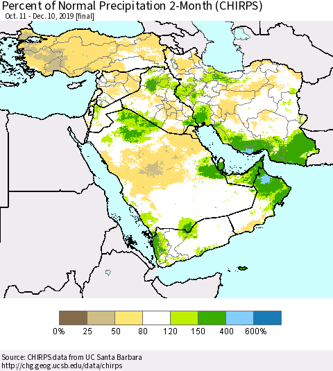 Middle East and Turkey Percent of Normal Precipitation 2-Month (CHIRPS) Thematic Map For 10/11/2019 - 12/10/2019