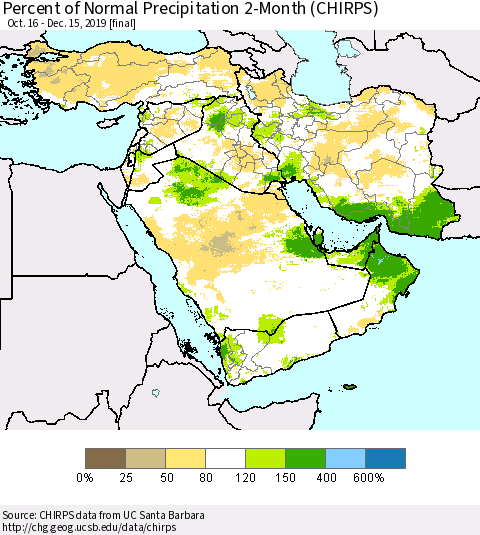 Middle East and Turkey Percent of Normal Precipitation 2-Month (CHIRPS) Thematic Map For 10/16/2019 - 12/15/2019