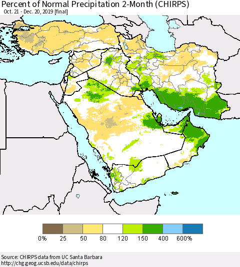 Middle East and Turkey Percent of Normal Precipitation 2-Month (CHIRPS) Thematic Map For 10/21/2019 - 12/20/2019