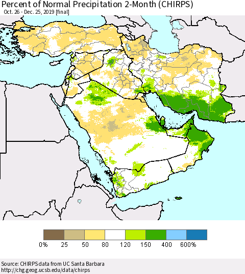 Middle East and Turkey Percent of Normal Precipitation 2-Month (CHIRPS) Thematic Map For 10/26/2019 - 12/25/2019