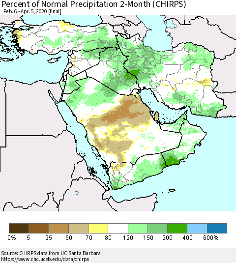Middle East and Turkey Percent of Normal Precipitation 2-Month (CHIRPS) Thematic Map For 2/6/2020 - 4/5/2020