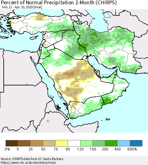 Middle East and Turkey Percent of Normal Precipitation 2-Month (CHIRPS) Thematic Map For 2/11/2020 - 4/10/2020