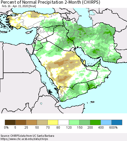 Middle East and Turkey Percent of Normal Precipitation 2-Month (CHIRPS) Thematic Map For 2/16/2020 - 4/15/2020