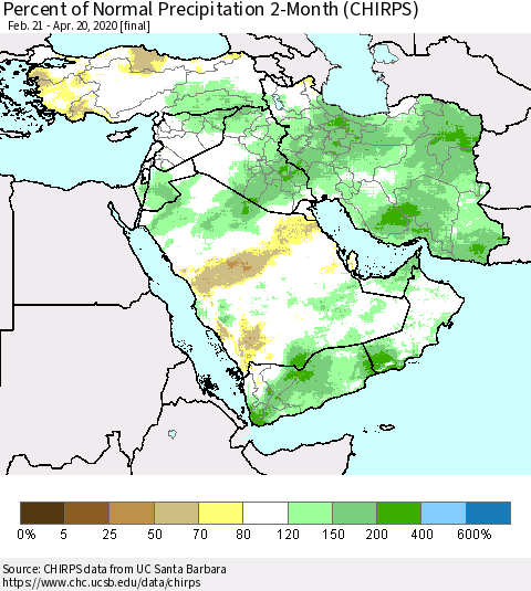 Middle East and Turkey Percent of Normal Precipitation 2-Month (CHIRPS) Thematic Map For 2/21/2020 - 4/20/2020