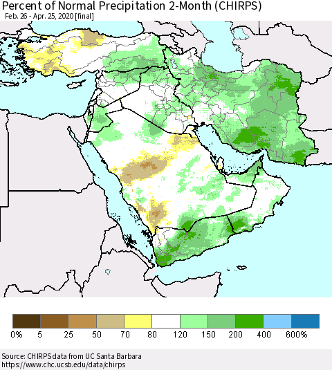 Middle East and Turkey Percent of Normal Precipitation 2-Month (CHIRPS) Thematic Map For 2/26/2020 - 4/25/2020