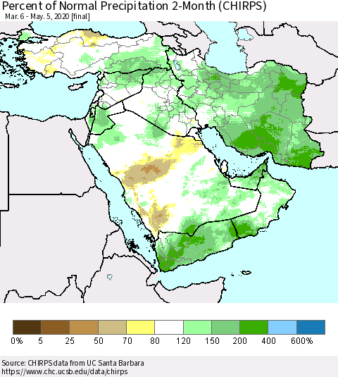 Middle East and Turkey Percent of Normal Precipitation 2-Month (CHIRPS) Thematic Map For 3/6/2020 - 5/5/2020