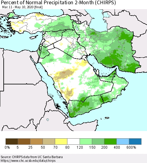 Middle East and Turkey Percent of Normal Precipitation 2-Month (CHIRPS) Thematic Map For 3/11/2020 - 5/10/2020
