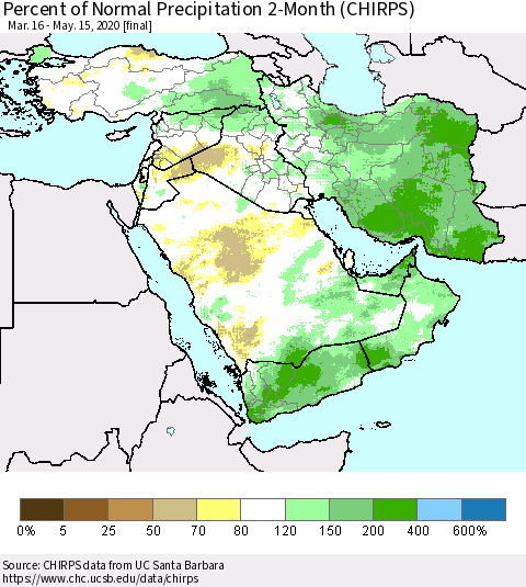 Middle East and Turkey Percent of Normal Precipitation 2-Month (CHIRPS) Thematic Map For 3/16/2020 - 5/15/2020