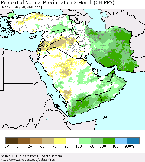 Middle East and Turkey Percent of Normal Precipitation 2-Month (CHIRPS) Thematic Map For 3/21/2020 - 5/20/2020