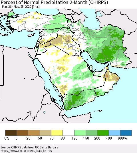 Middle East and Turkey Percent of Normal Precipitation 2-Month (CHIRPS) Thematic Map For 3/26/2020 - 5/25/2020