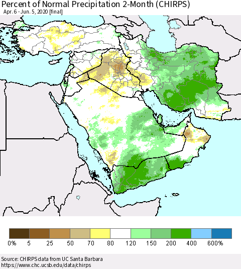 Middle East and Turkey Percent of Normal Precipitation 2-Month (CHIRPS) Thematic Map For 4/6/2020 - 6/5/2020