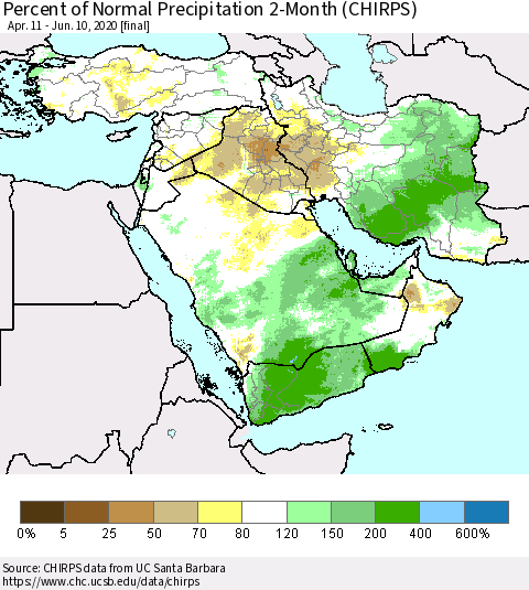 Middle East and Turkey Percent of Normal Precipitation 2-Month (CHIRPS) Thematic Map For 4/11/2020 - 6/10/2020