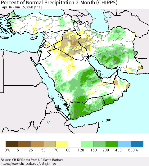 Middle East and Turkey Percent of Normal Precipitation 2-Month (CHIRPS) Thematic Map For 4/16/2020 - 6/15/2020