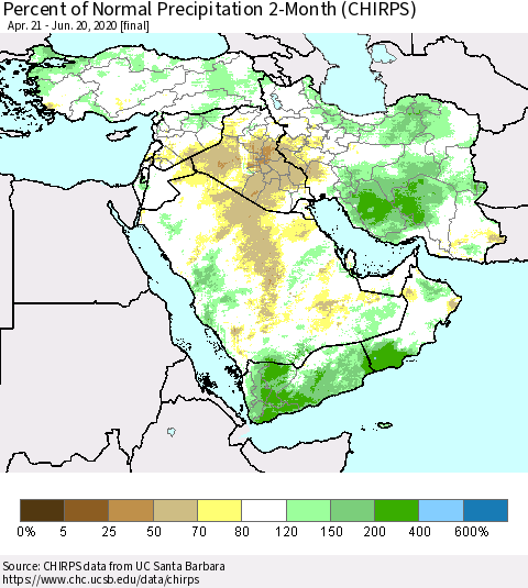 Middle East and Turkey Percent of Normal Precipitation 2-Month (CHIRPS) Thematic Map For 4/21/2020 - 6/20/2020