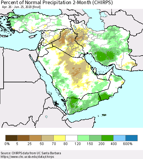 Middle East and Turkey Percent of Normal Precipitation 2-Month (CHIRPS) Thematic Map For 4/26/2020 - 6/25/2020