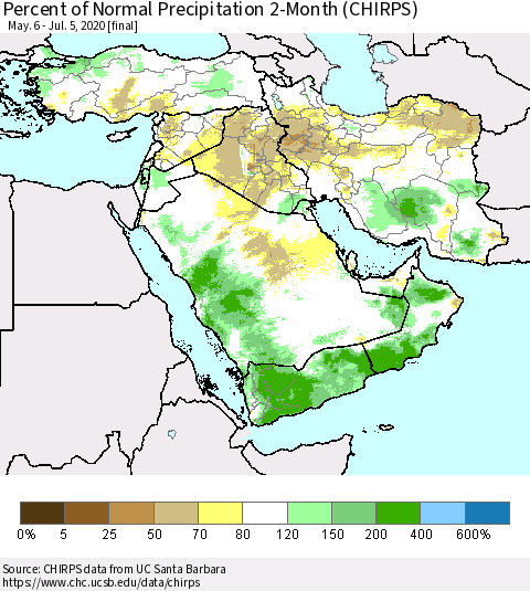 Middle East and Turkey Percent of Normal Precipitation 2-Month (CHIRPS) Thematic Map For 5/6/2020 - 7/5/2020