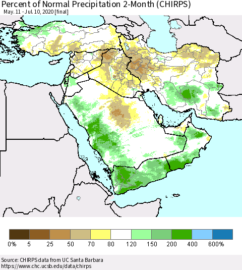Middle East and Turkey Percent of Normal Precipitation 2-Month (CHIRPS) Thematic Map For 5/11/2020 - 7/10/2020