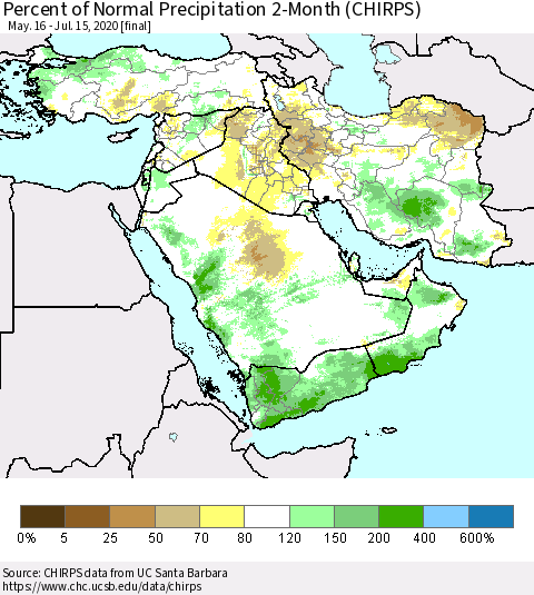 Middle East and Turkey Percent of Normal Precipitation 2-Month (CHIRPS) Thematic Map For 5/16/2020 - 7/15/2020