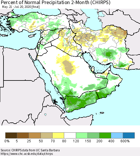 Middle East and Turkey Percent of Normal Precipitation 2-Month (CHIRPS) Thematic Map For 5/21/2020 - 7/20/2020
