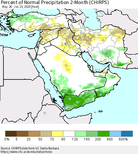 Middle East and Turkey Percent of Normal Precipitation 2-Month (CHIRPS) Thematic Map For 5/26/2020 - 7/25/2020