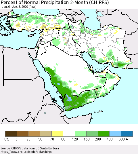 Middle East and Turkey Percent of Normal Precipitation 2-Month (CHIRPS) Thematic Map For 6/6/2020 - 8/5/2020