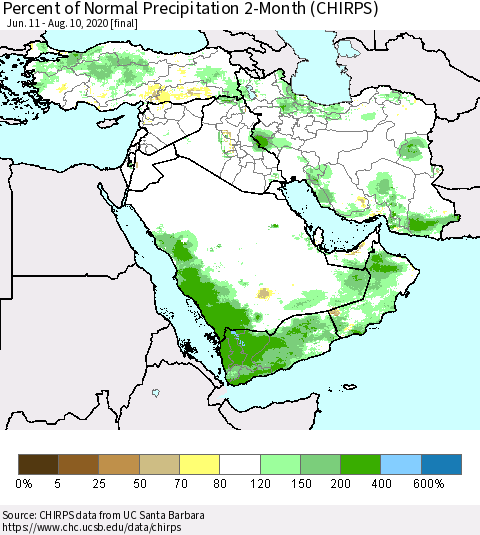 Middle East and Turkey Percent of Normal Precipitation 2-Month (CHIRPS) Thematic Map For 6/11/2020 - 8/10/2020