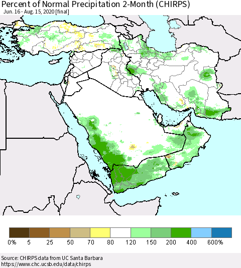 Middle East and Turkey Percent of Normal Precipitation 2-Month (CHIRPS) Thematic Map For 6/16/2020 - 8/15/2020