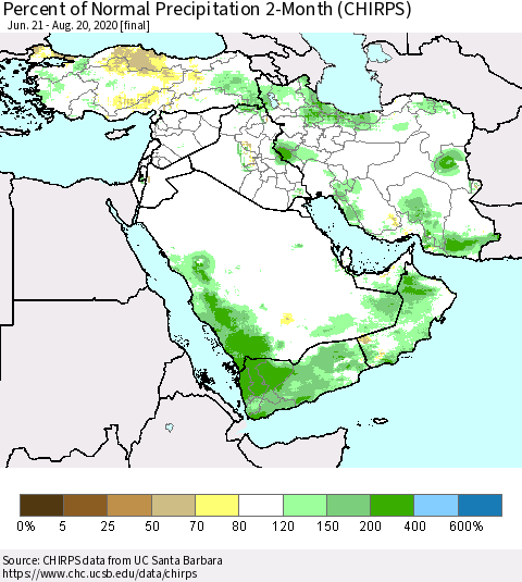 Middle East and Turkey Percent of Normal Precipitation 2-Month (CHIRPS) Thematic Map For 6/21/2020 - 8/20/2020