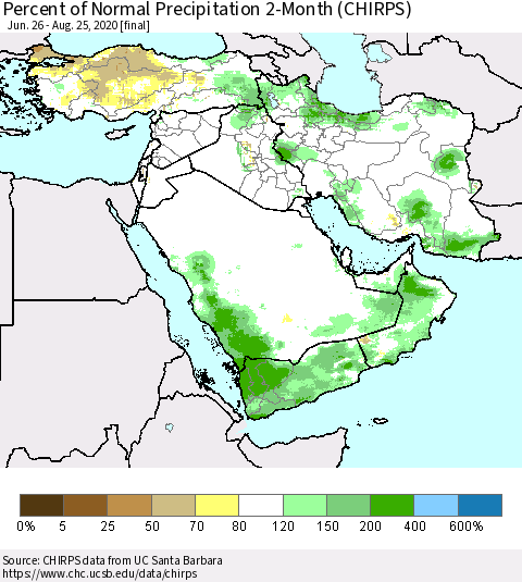 Middle East and Turkey Percent of Normal Precipitation 2-Month (CHIRPS) Thematic Map For 6/26/2020 - 8/25/2020