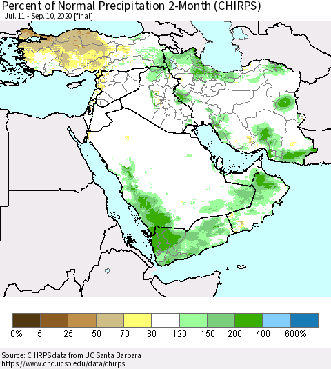 Middle East and Turkey Percent of Normal Precipitation 2-Month (CHIRPS) Thematic Map For 7/11/2020 - 9/10/2020