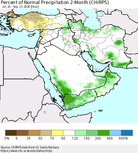 Middle East and Turkey Percent of Normal Precipitation 2-Month (CHIRPS) Thematic Map For 7/16/2020 - 9/15/2020