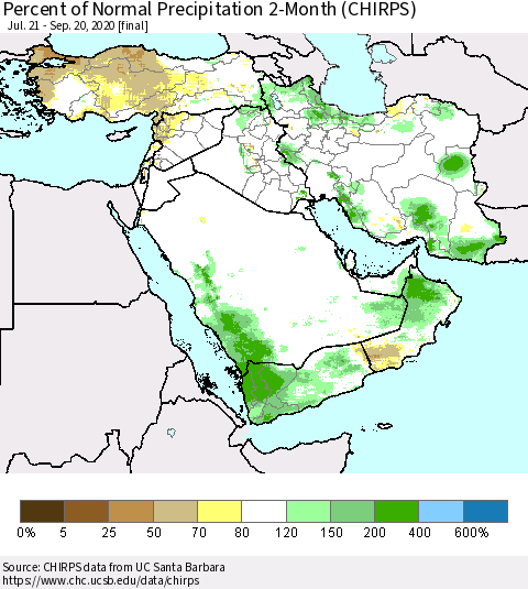 Middle East and Turkey Percent of Normal Precipitation 2-Month (CHIRPS) Thematic Map For 7/21/2020 - 9/20/2020