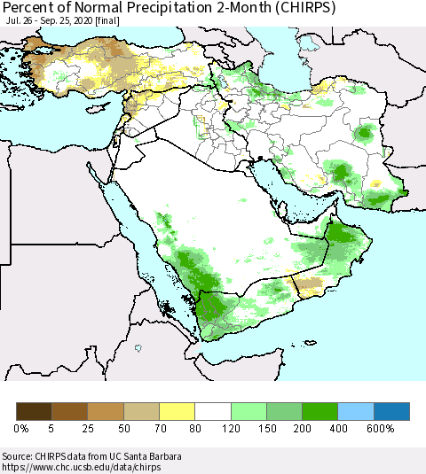 Middle East and Turkey Percent of Normal Precipitation 2-Month (CHIRPS) Thematic Map For 7/26/2020 - 9/25/2020