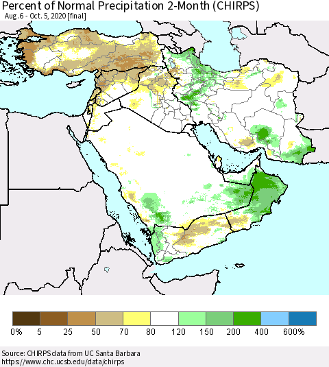 Middle East and Turkey Percent of Normal Precipitation 2-Month (CHIRPS) Thematic Map For 8/6/2020 - 10/5/2020