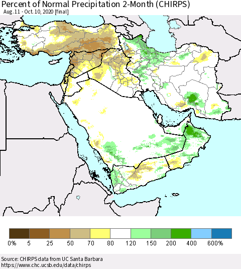 Middle East and Turkey Percent of Normal Precipitation 2-Month (CHIRPS) Thematic Map For 8/11/2020 - 10/10/2020