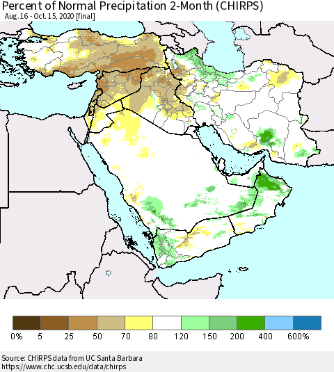 Middle East and Turkey Percent of Normal Precipitation 2-Month (CHIRPS) Thematic Map For 8/16/2020 - 10/15/2020