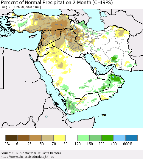 Middle East and Turkey Percent of Normal Precipitation 2-Month (CHIRPS) Thematic Map For 8/21/2020 - 10/20/2020