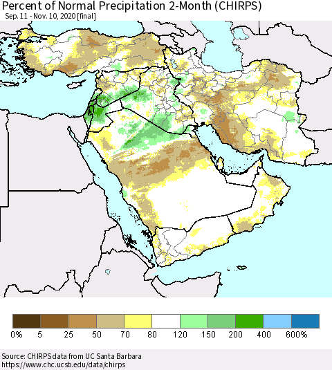 Middle East and Turkey Percent of Normal Precipitation 2-Month (CHIRPS) Thematic Map For 9/11/2020 - 11/10/2020