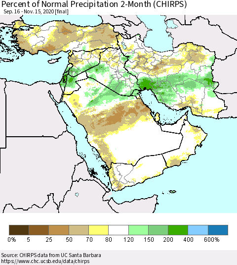 Middle East and Turkey Percent of Normal Precipitation 2-Month (CHIRPS) Thematic Map For 9/16/2020 - 11/15/2020