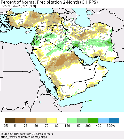 Middle East and Turkey Percent of Normal Precipitation 2-Month (CHIRPS) Thematic Map For 9/21/2020 - 11/20/2020