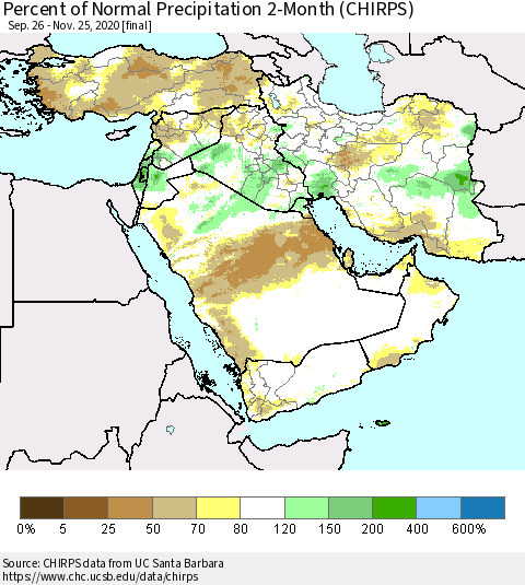 Middle East and Turkey Percent of Normal Precipitation 2-Month (CHIRPS) Thematic Map For 9/26/2020 - 11/25/2020