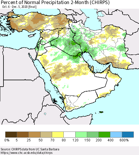 Middle East and Turkey Percent of Normal Precipitation 2-Month (CHIRPS) Thematic Map For 10/6/2020 - 12/5/2020
