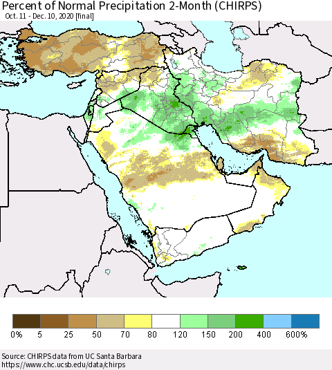 Middle East and Turkey Percent of Normal Precipitation 2-Month (CHIRPS) Thematic Map For 10/11/2020 - 12/10/2020