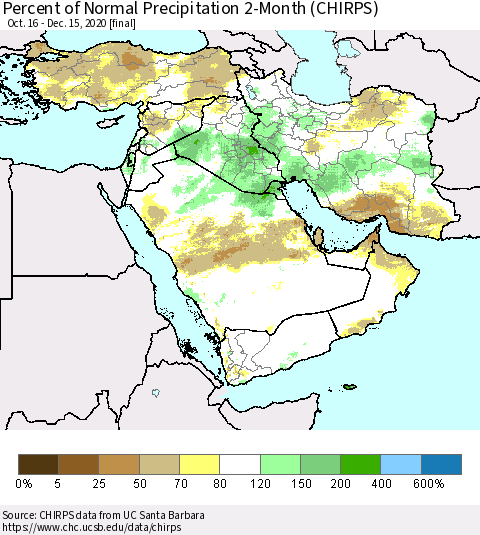 Middle East and Turkey Percent of Normal Precipitation 2-Month (CHIRPS) Thematic Map For 10/16/2020 - 12/15/2020