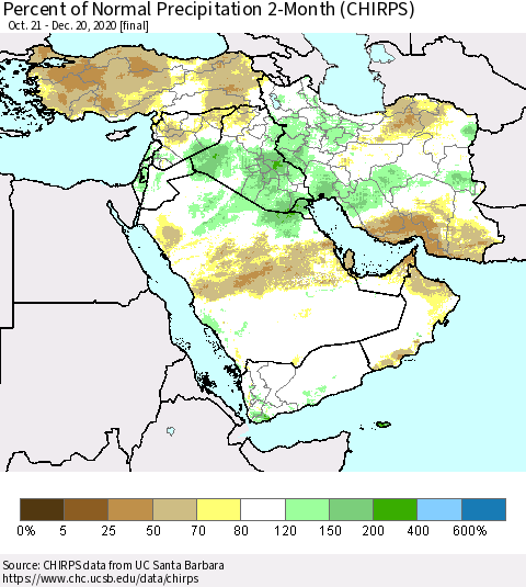 Middle East and Turkey Percent of Normal Precipitation 2-Month (CHIRPS) Thematic Map For 10/21/2020 - 12/20/2020