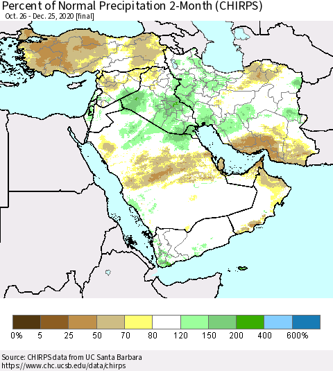 Middle East and Turkey Percent of Normal Precipitation 2-Month (CHIRPS) Thematic Map For 10/26/2020 - 12/25/2020